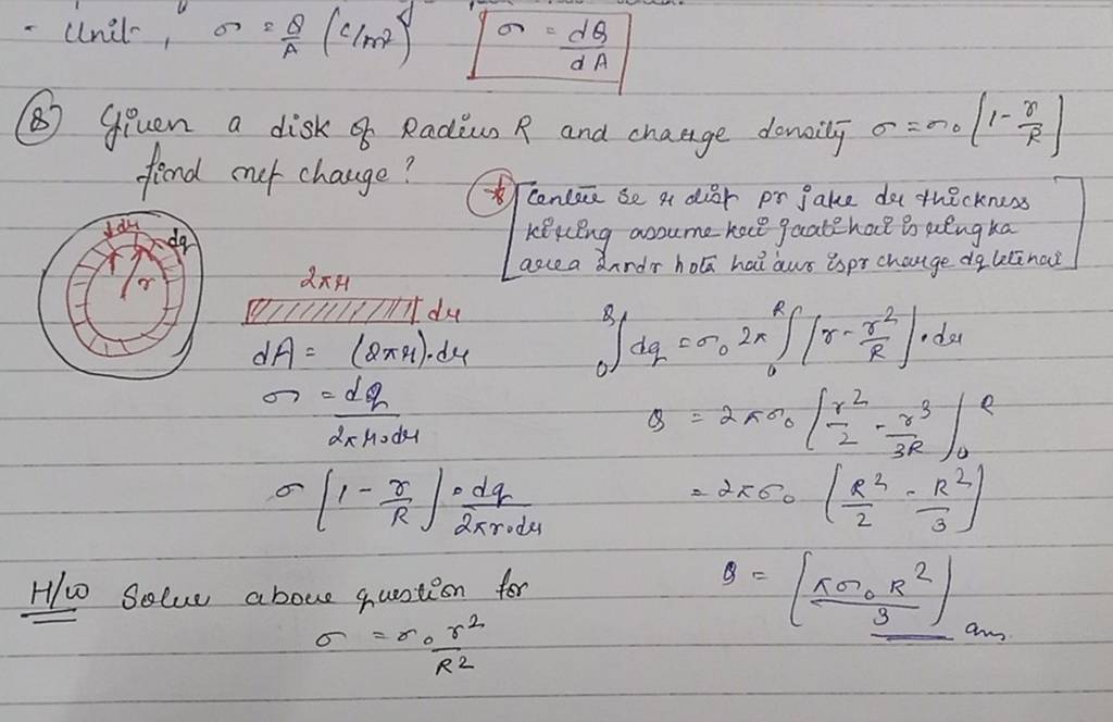  Unit, σ=Aθ (c2)σ=dAdQ (8) Given a disk of Radius R and charge density