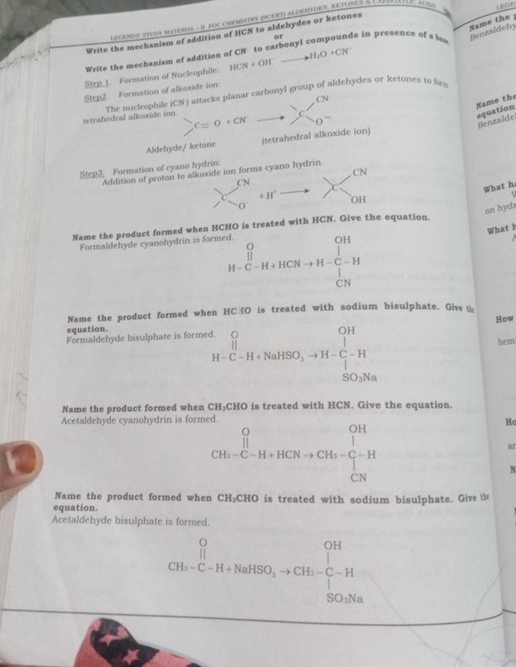Write the mechanism of addition of HCN to aldehydes or ketones Write the