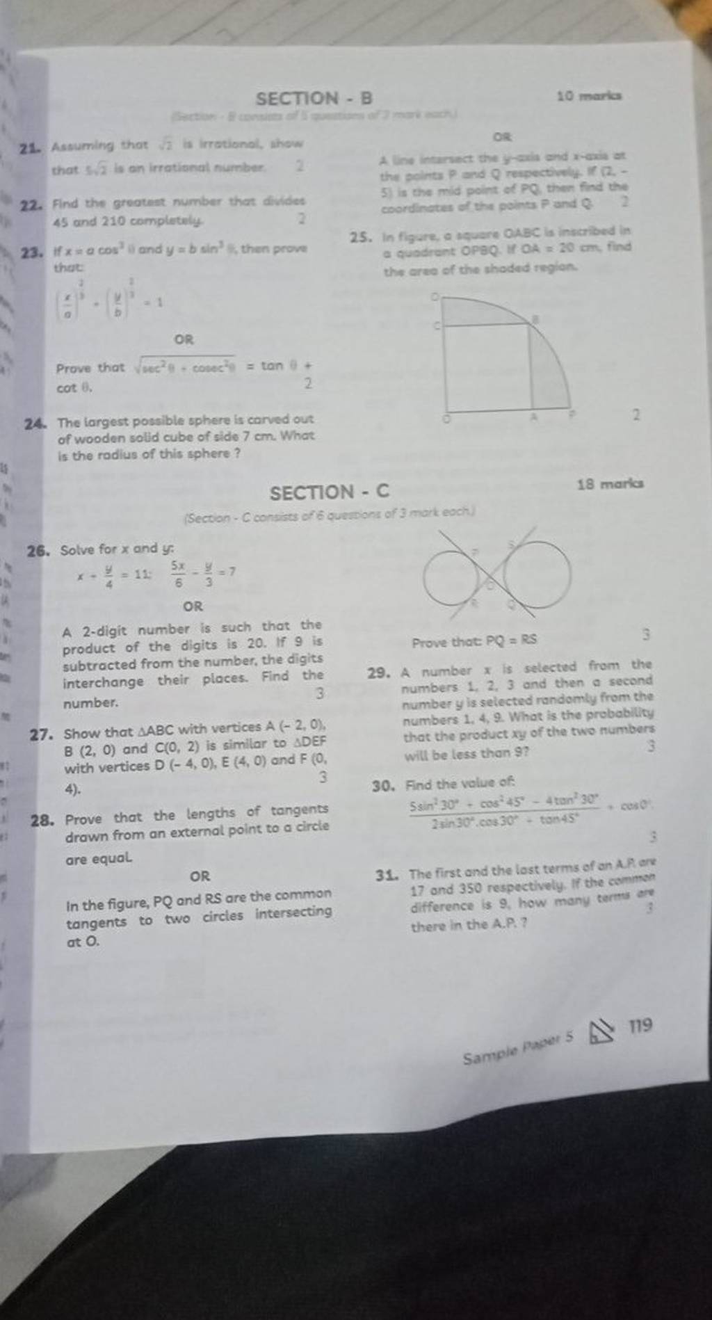 SECTION - B 10 Marias 21. Assuming That 2 Is Irrationol, Ahew That 52 I..