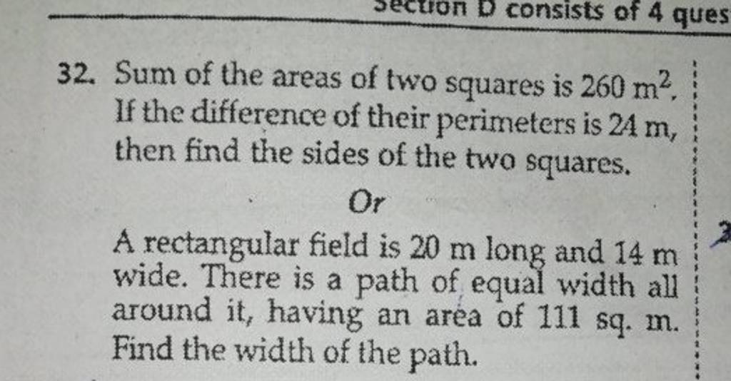 32-sum-of-the-areas-of-two-squares-is-260-m2-if-the-difference-of-their