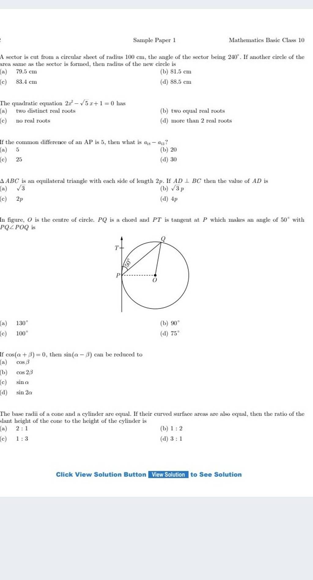 Sample Paper 1 Mathematics Basic Class 10 A sector is cut from a circular..