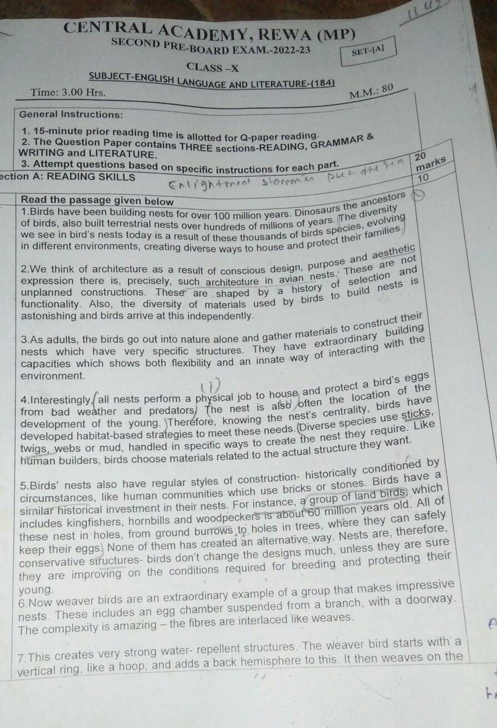 CENTRAL ACADEMY, REWA (MP) SECOND PREBOARD EXAM.202223 SETA CLASS