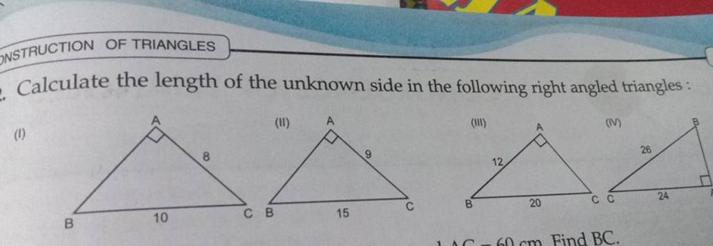 Calculate the length of the unknown side in the following right angled tr..