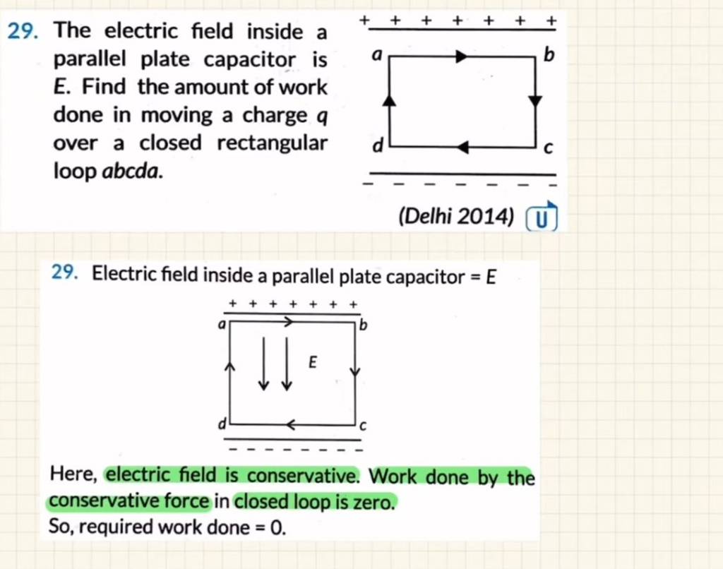 29. The electric field inside a parallel plate capacitor is E. Find the a..