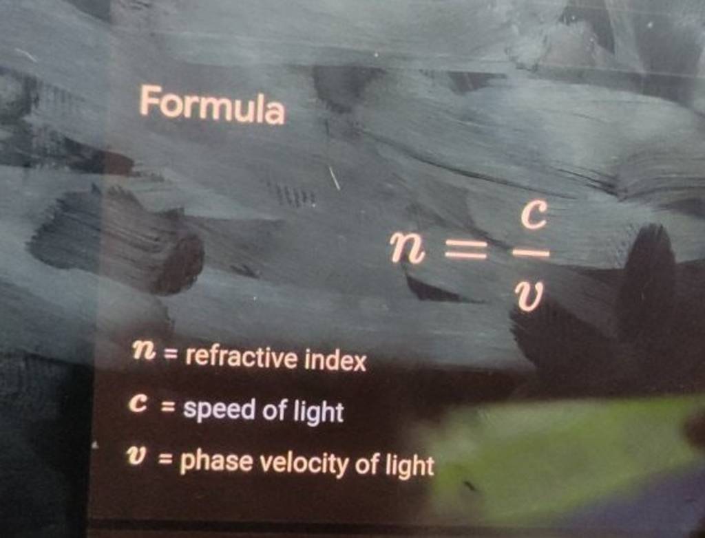 Formula
v= refractive index c= speed of light v= phase velocity of lig