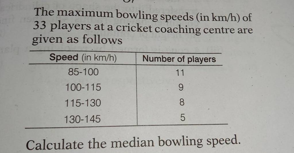 The maximum bowling speeds (in km/h ) of 33 players at a cricket coaching..