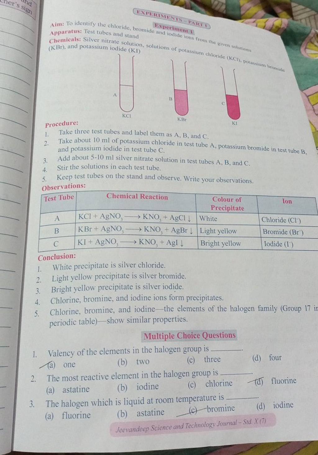 Aim To identify the chloride, bromide and iodide ions from the given whi..