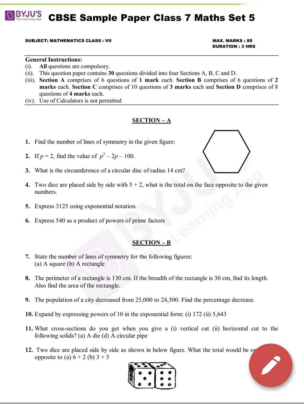 BYJU'S CBSE Sample Paper Class 7 Maths Set 5 SUBJECT: MATHEMATICS CLASS