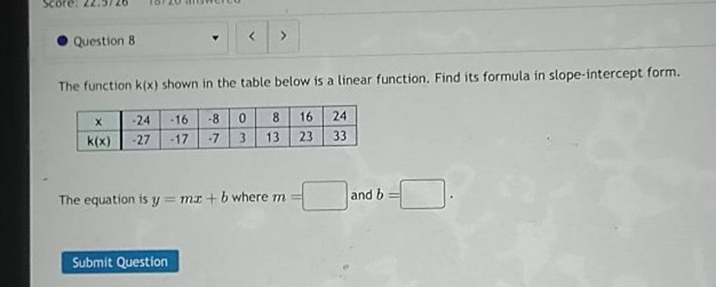 Question 8
The function k(x) shown in the table below is a linear func