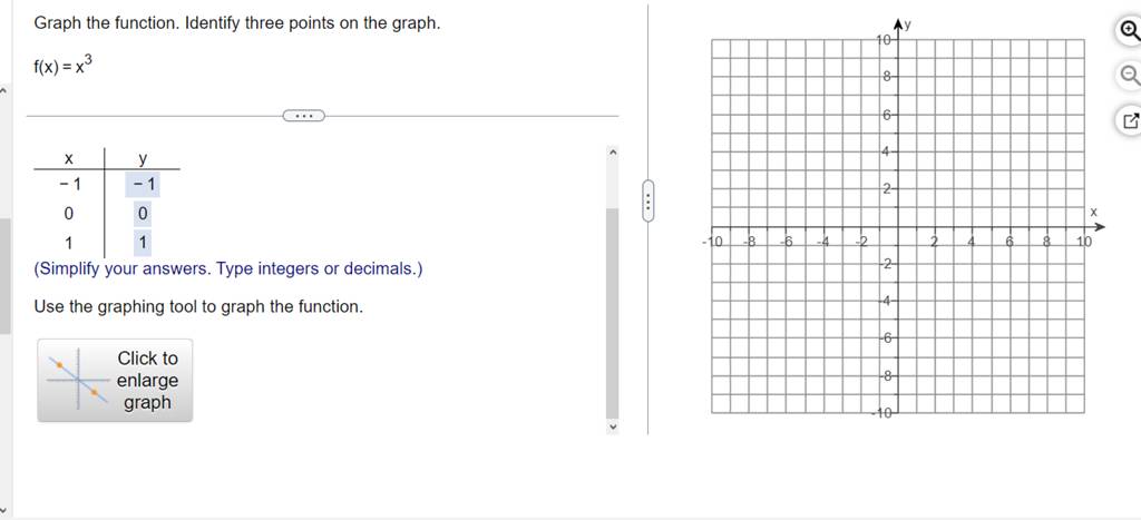 Graph the function. Identify three points on the graph.
f(x)=x3
xy−1−1