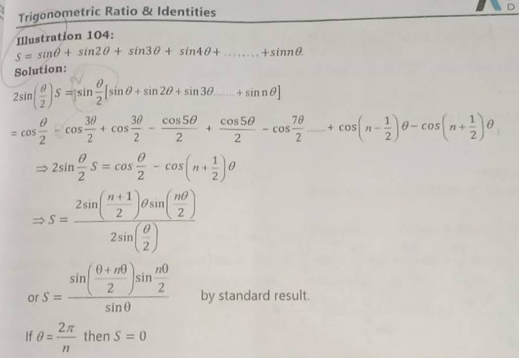 Trigonometric Ratio & Identities Illustration 104: S=sinθ+sin2θ+sin3θ+sin..