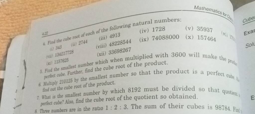 422
Find the cube root of each of the following natural numbers:
(i) 3