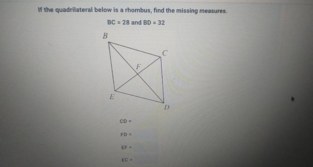 If the quadrilateral below is a rhombus, find the missing measures.