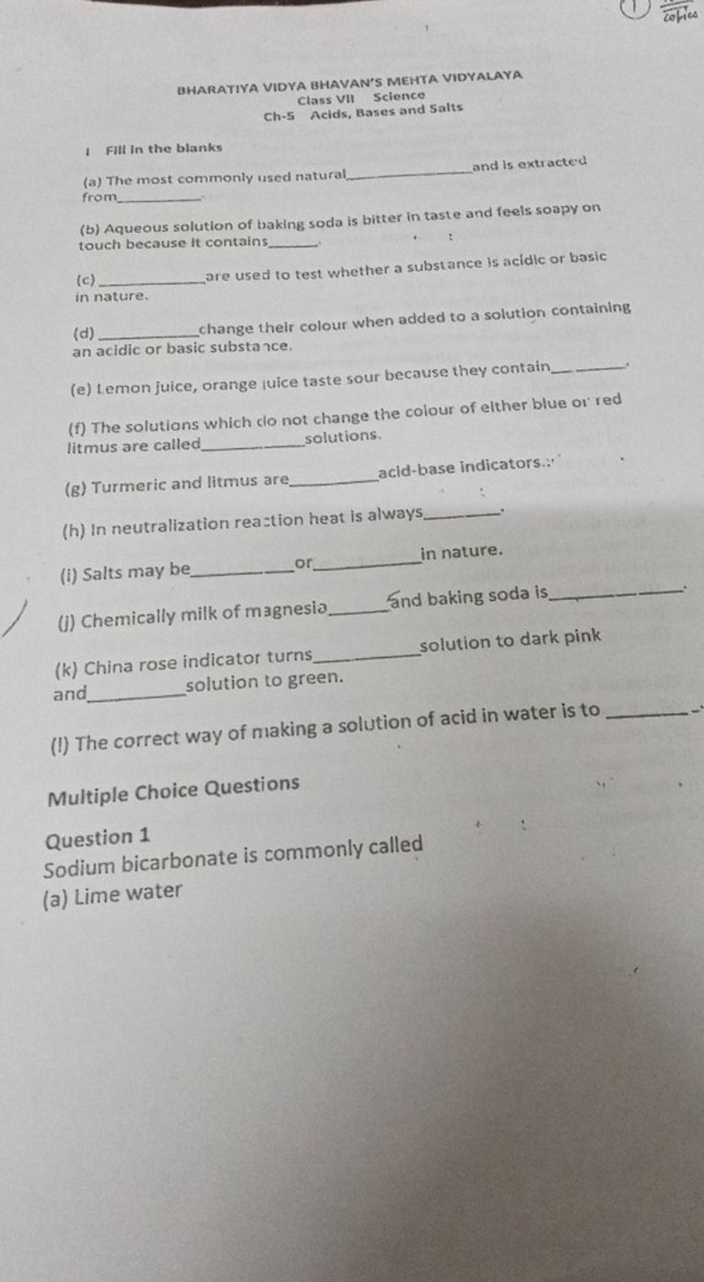 Turmeric and litmus are acidbase indicators. (h) In neutralization rea..