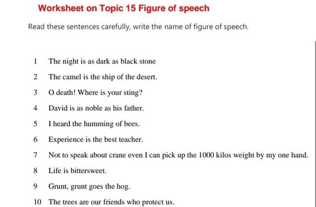 figure of speech worksheet grade 5 with answer