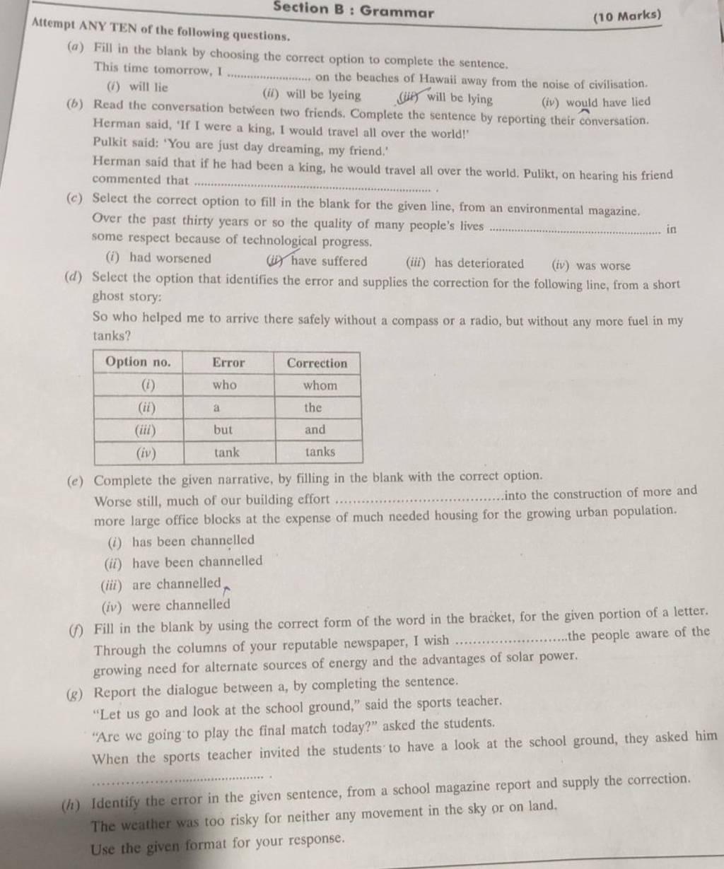 Section B : Grammar Attempt ANY TEN Of The Following Questions. (10 Marks..