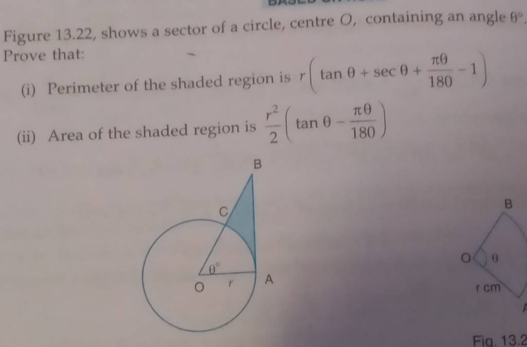 Figure 13.22, shows a sector of a circle, centre O, containing an angle θ..