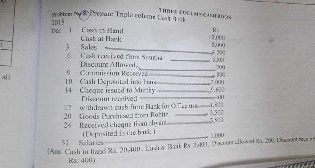THREE COLUMN CASH BOOK Problem No 8 Prepare Triple Column Cash Book 2018 