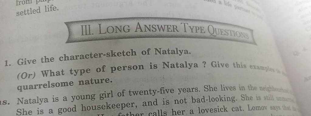 III LONG ANSWER TYPE QutsTTONs 1 Give the charactersketch of Natalya 