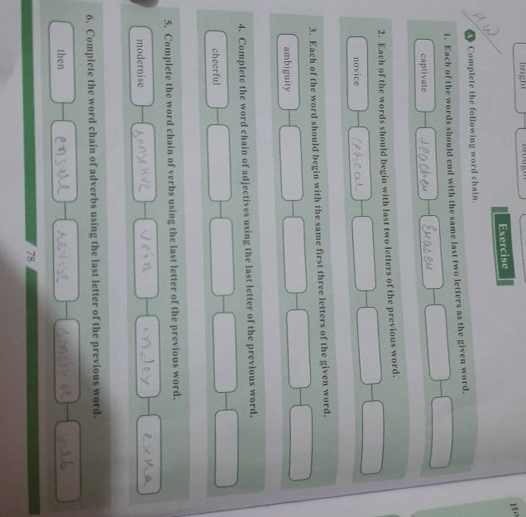 Exercise D Complete The Following Word Chain 1 Each Of The Words Shou 