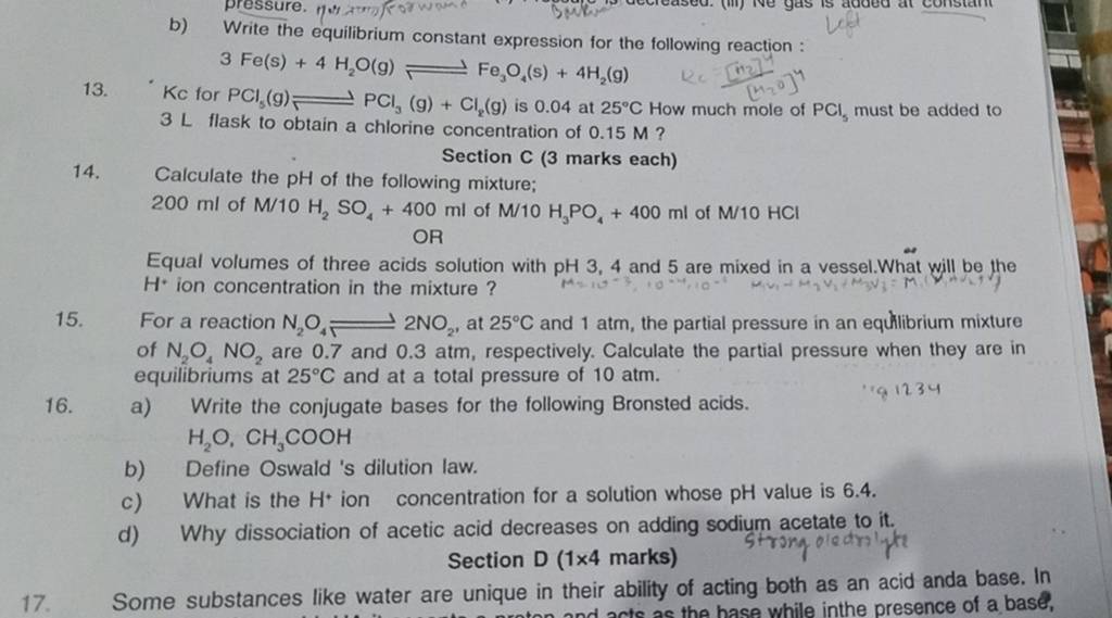 B) Write The Equilibrium Constant Expression For The Following Reaction