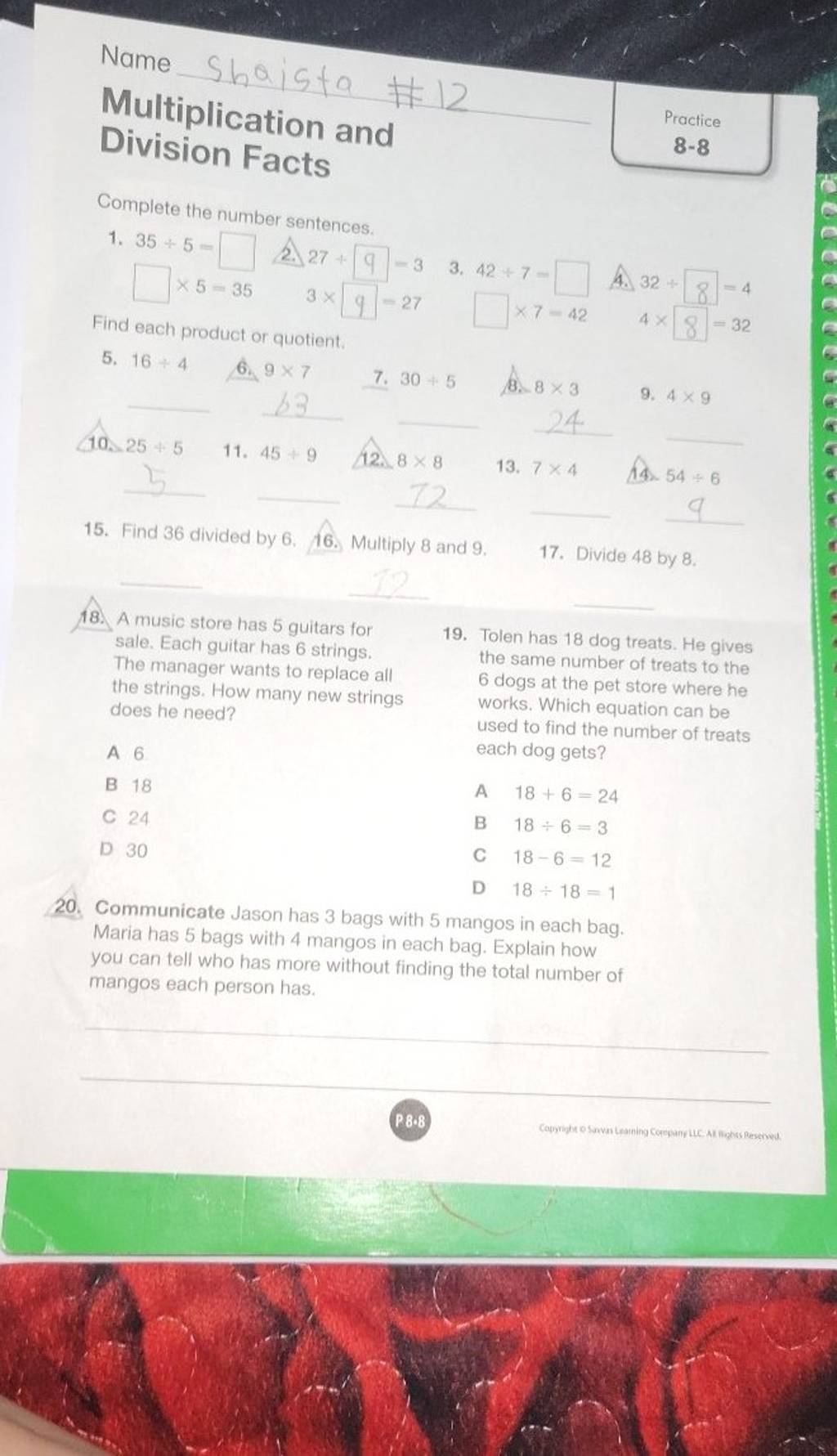 Name shaista \#12 Multiplication and Division Facts Practice 8−8 Complete..
