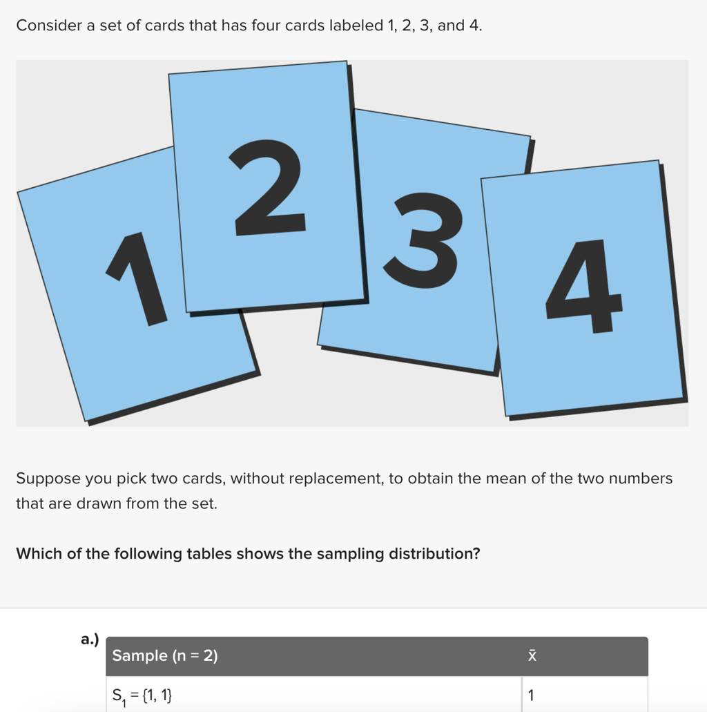 Consider a set of cards that has four cards labeled 1, 2, 3, and 4 .
S