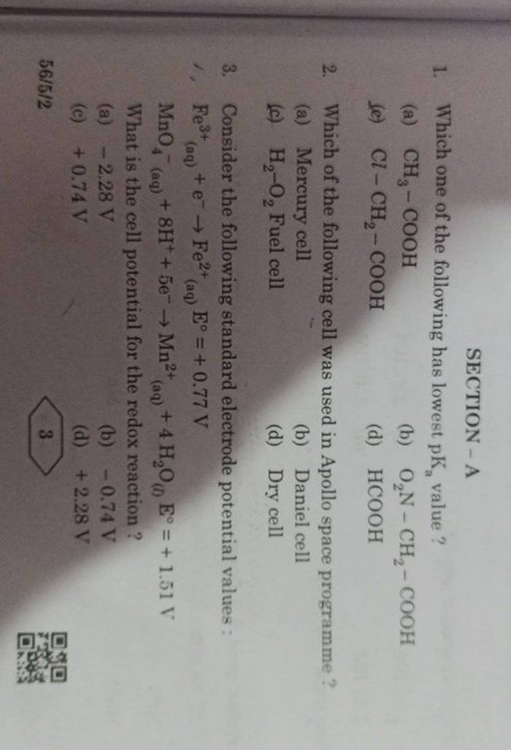 Consider the following standard electrode potential values 5. Fe3+ (aq)..