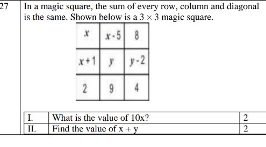 27 In a magic square, the sum of every row, column and diagonal is the sa..