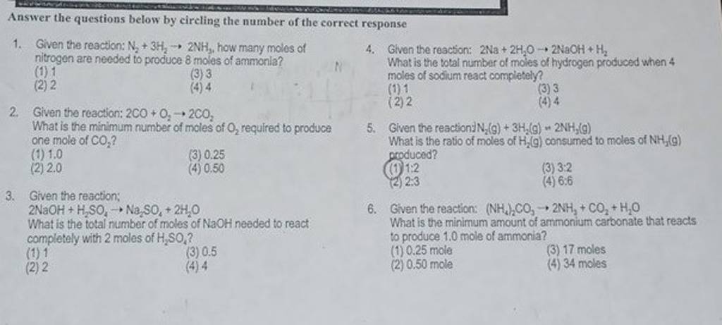 Given the reaction: 2CO+O2 →2CO2 What is the minimum number of moles of