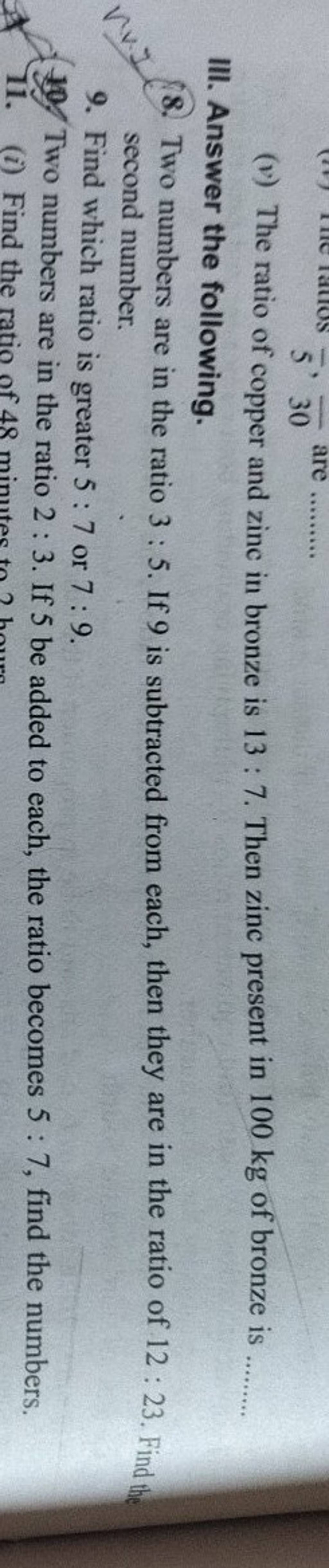 (v) The ratio of copper and zinc in bronze is 137. Then zinc present in