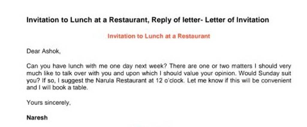 Invitation to Lunch at a Restaurant, Reply of letter- Letter of Invitatio..