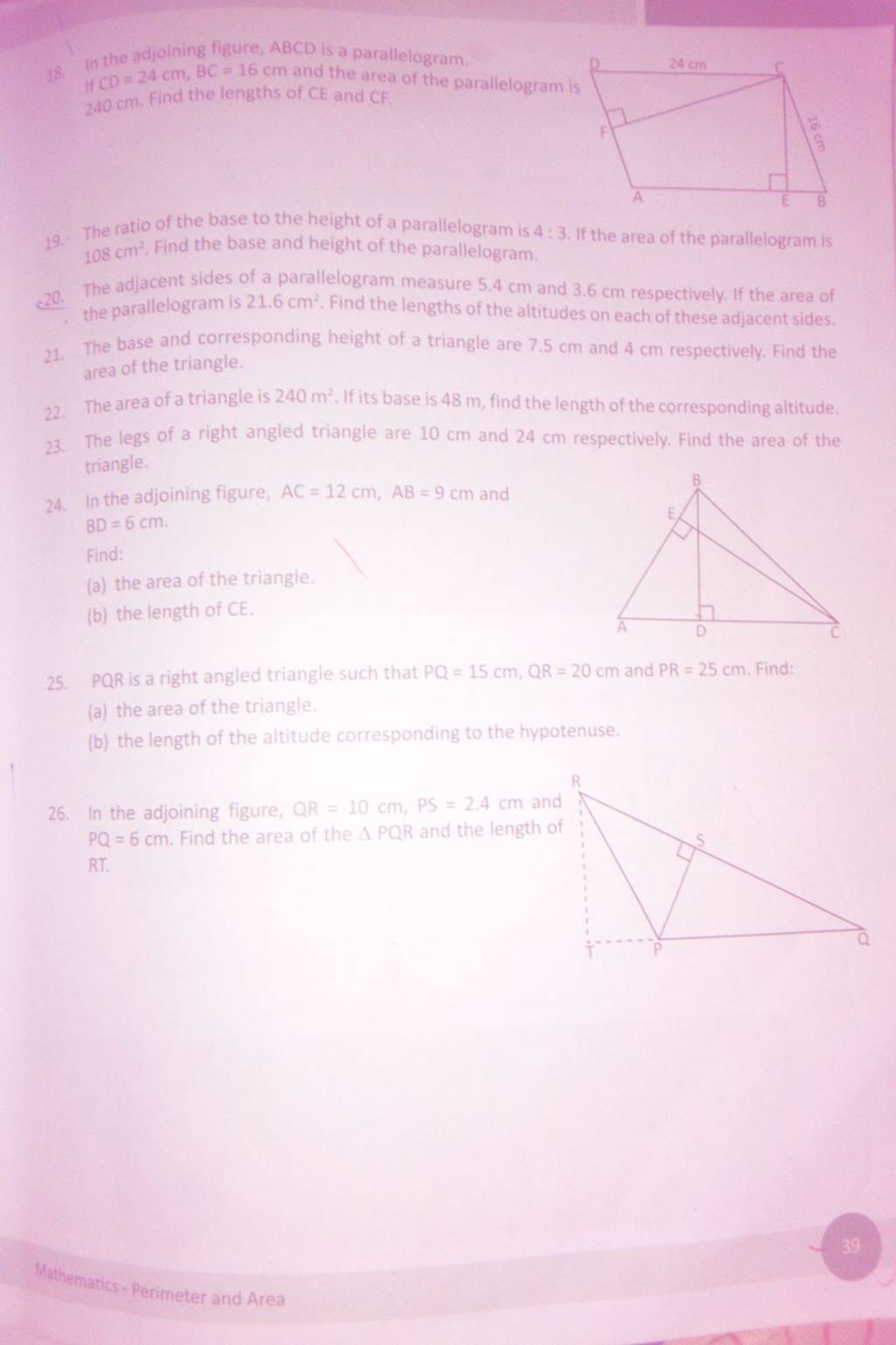 18. In The Adjoining Figure, ABCD Is A Parallelogram. If CD=24 Cm,BC=16 C..