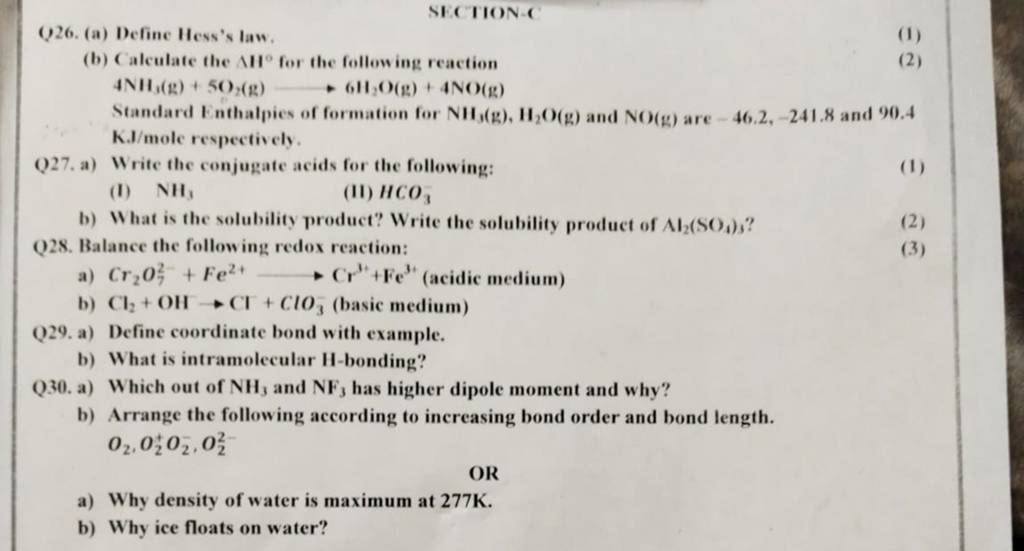 SECTIONC Q26. (a) Define Hess's law. (1) (b) Calculate the All∘ for the