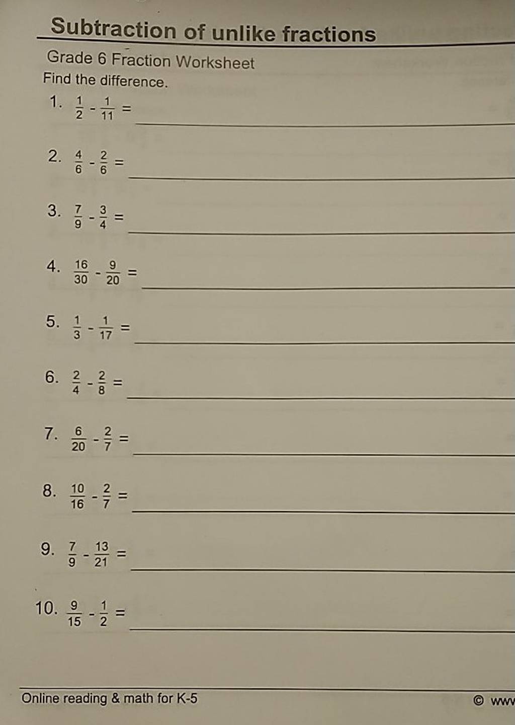 Subtraction of unlike fractions grade 6 fraction worksheet find the diffe 