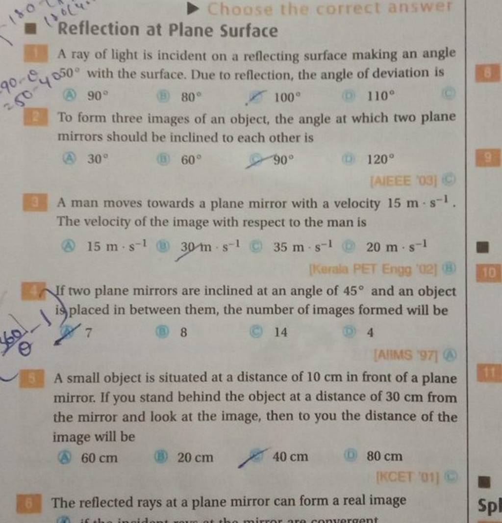Reflection at Plane Surface A ray of light is incident on a reflecting su..