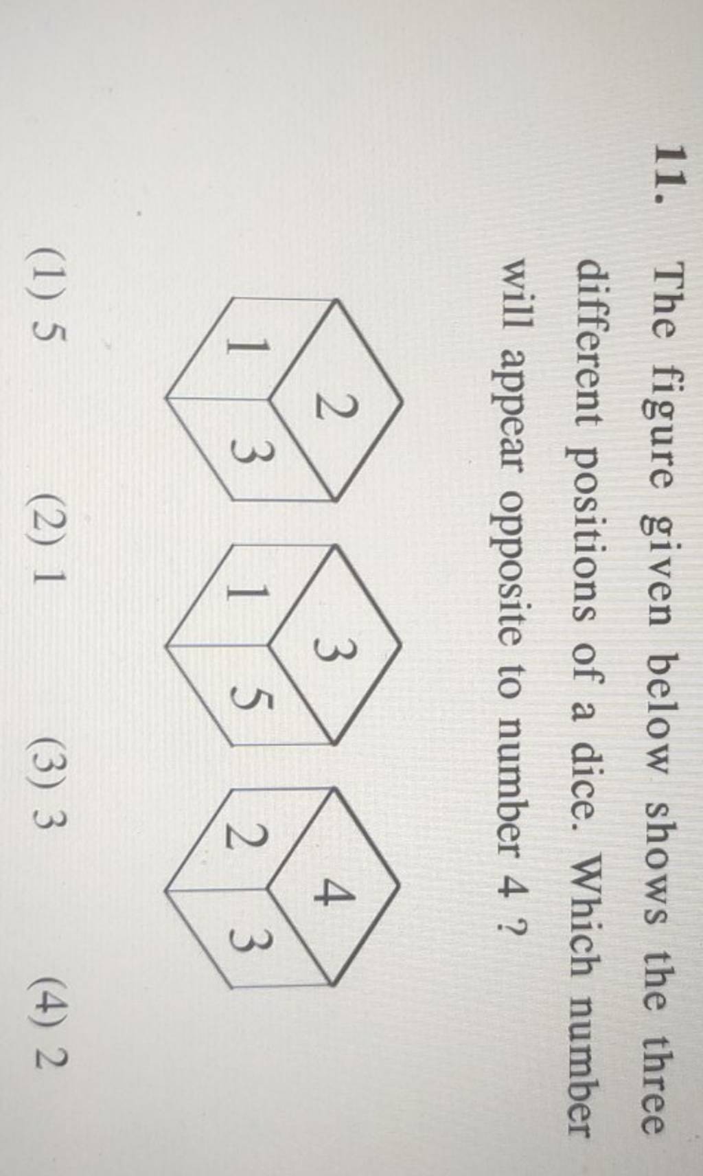 11. The figure given below shows the three different positions of a dice...