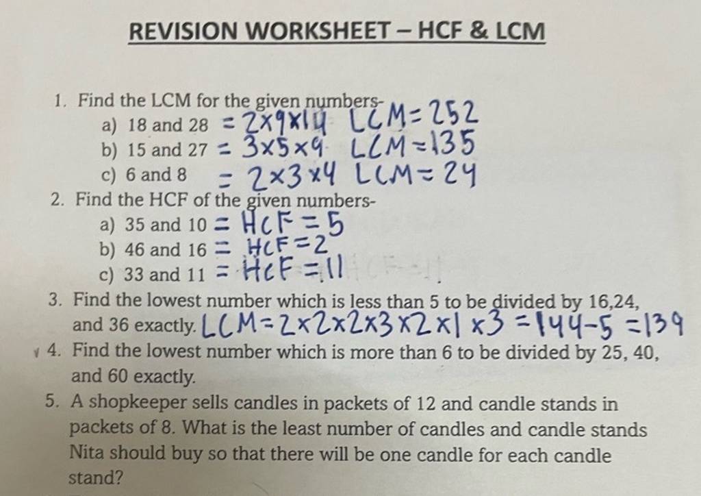 REVISION WORKSHEET HCF LCM 1 Find The LCM For The Given Numbers A 