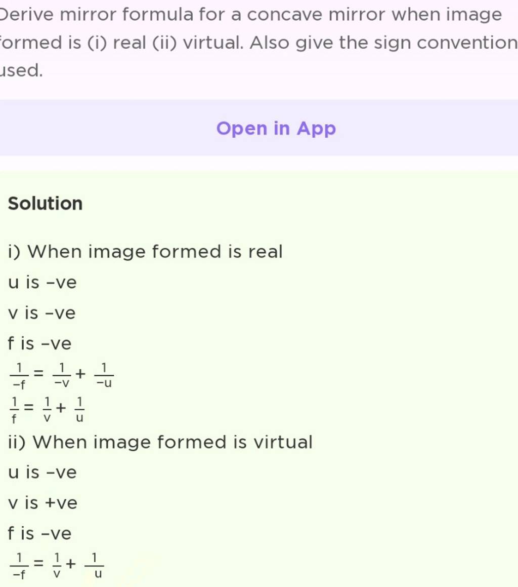 Derive mirror formula for a concave mirror when image ormed is (i) real