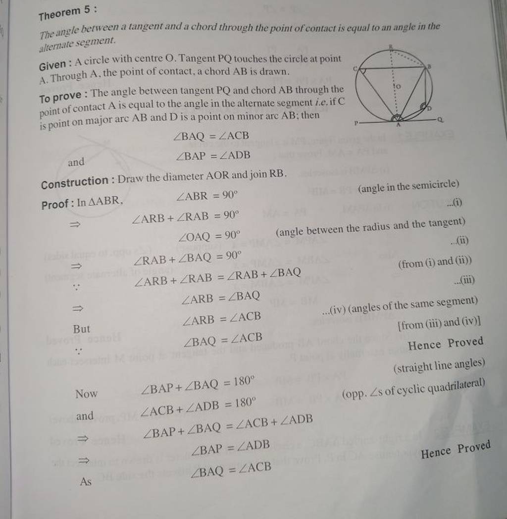 Theorem 5 : The Angle Between A Tangent And A Chord Through The Point Of