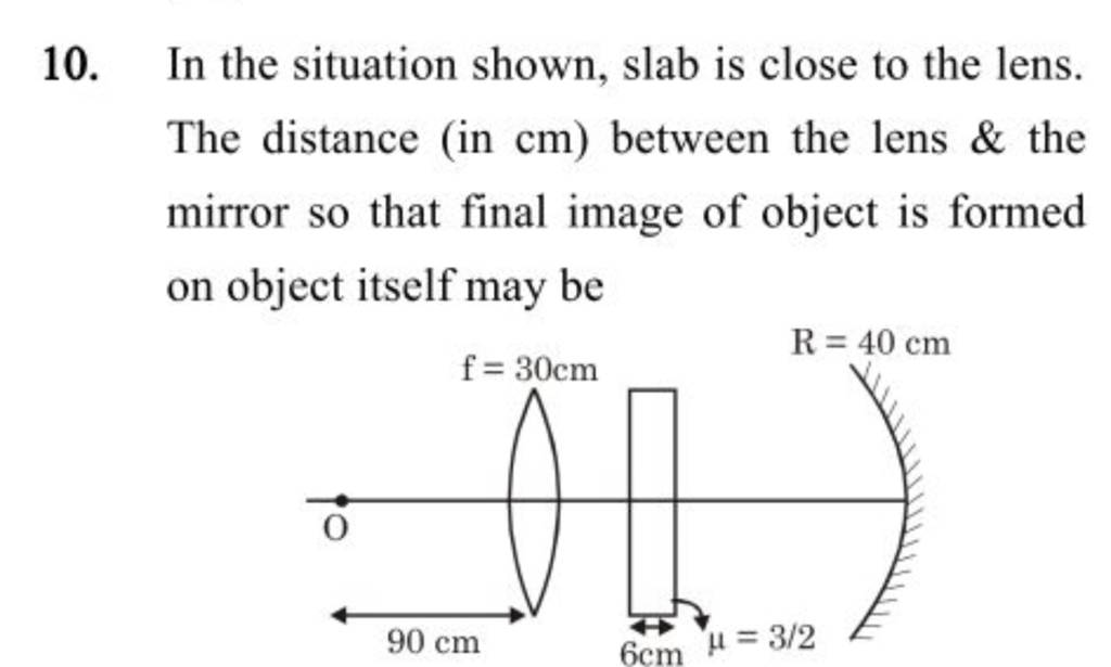 10. In the situation shown, slab is close to the lens. The distance (in c..