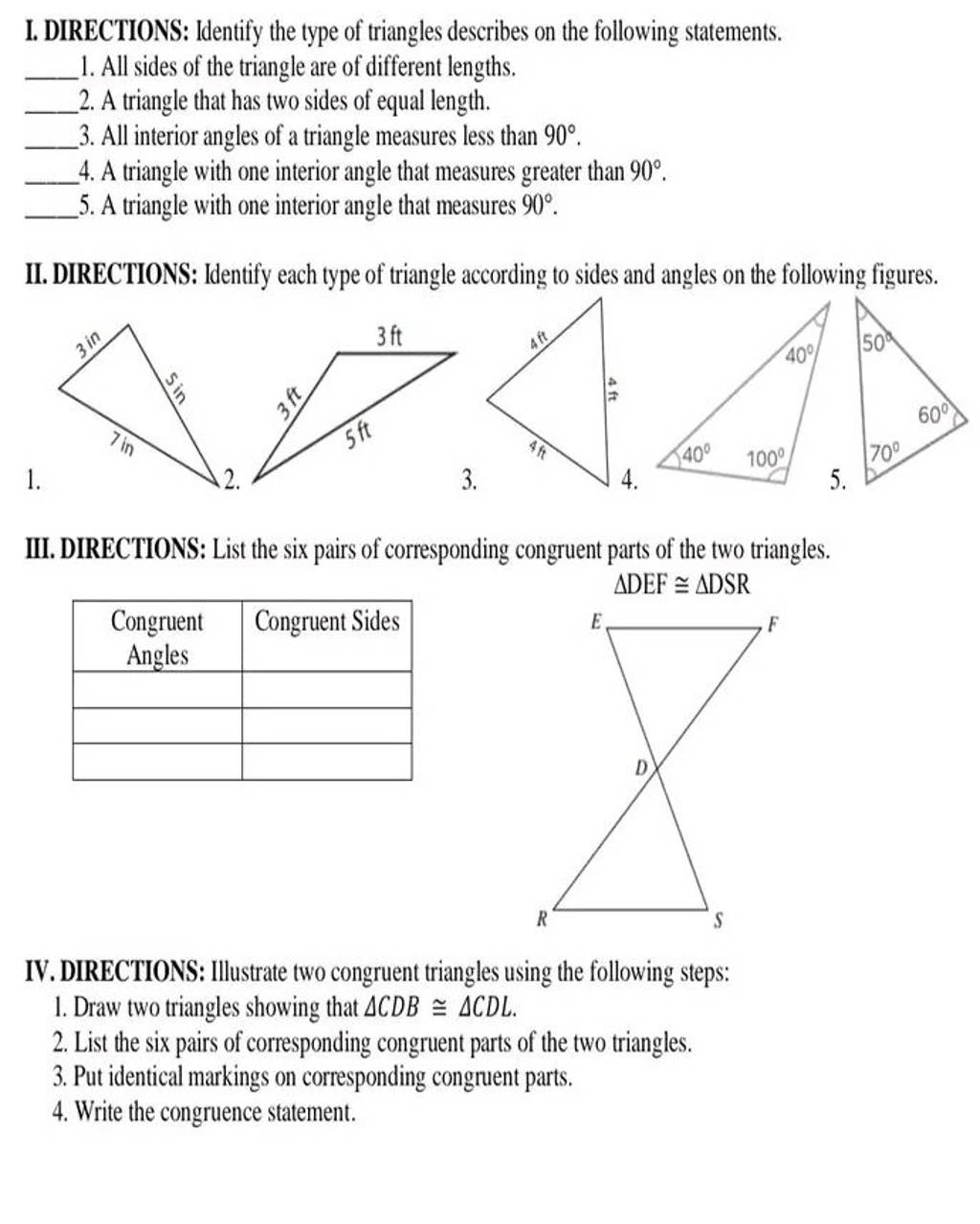 DIRECTIONS: Identify each type of triangle according to sides and angles