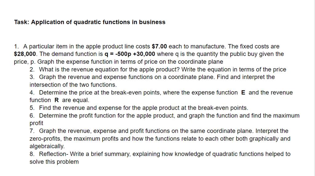Task: Application of quadratic functions in business