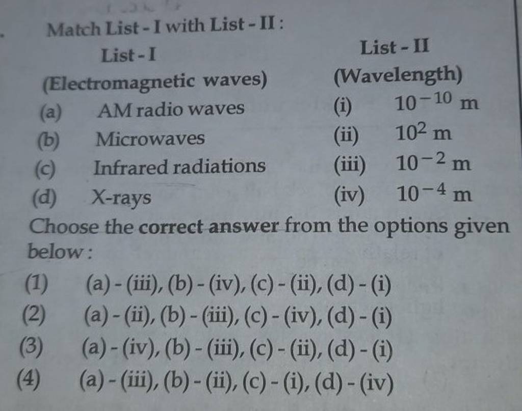 Match List - I With List - II : List - IList - II(Electromagnetic Waves)(..