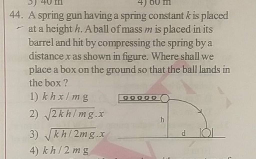A spring gun having a spring constant k is placed at a height h. Aball of..