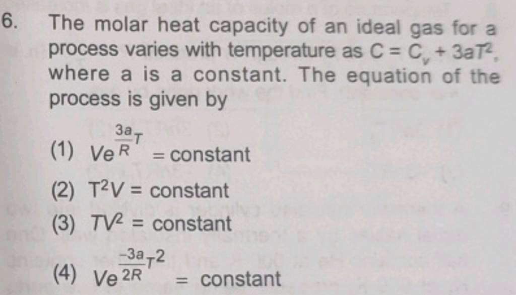 The molar heat capacity of an ideal gas for a process varies with tempera..