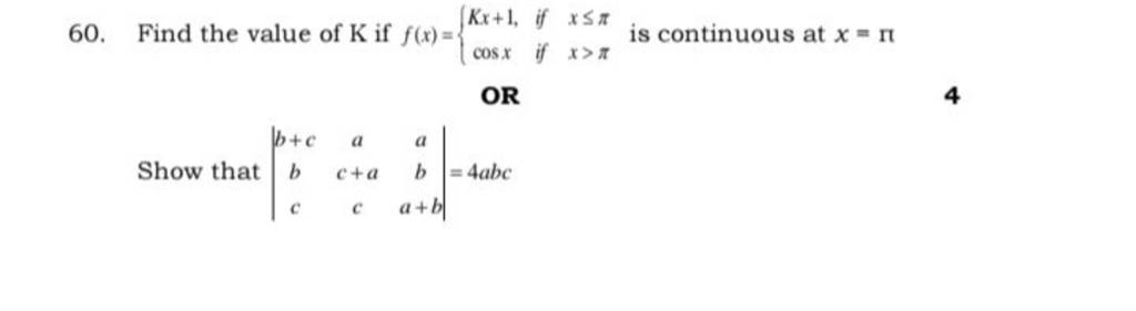 60 Find The Value Of K If F X {kx 1 Cosx If X≤π If X π Is Continuous