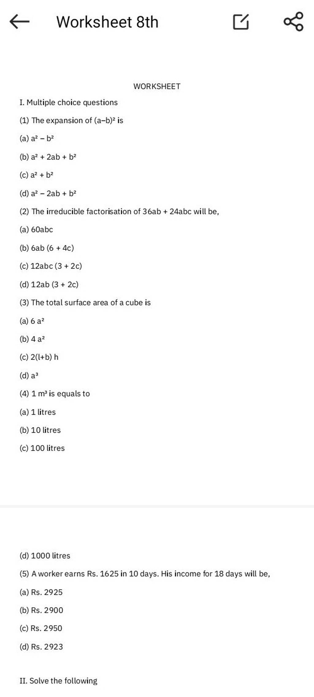 Worksheet 8th [/ α00 WORKSHEET I. Multiple Choice Questions (1) The Expa..