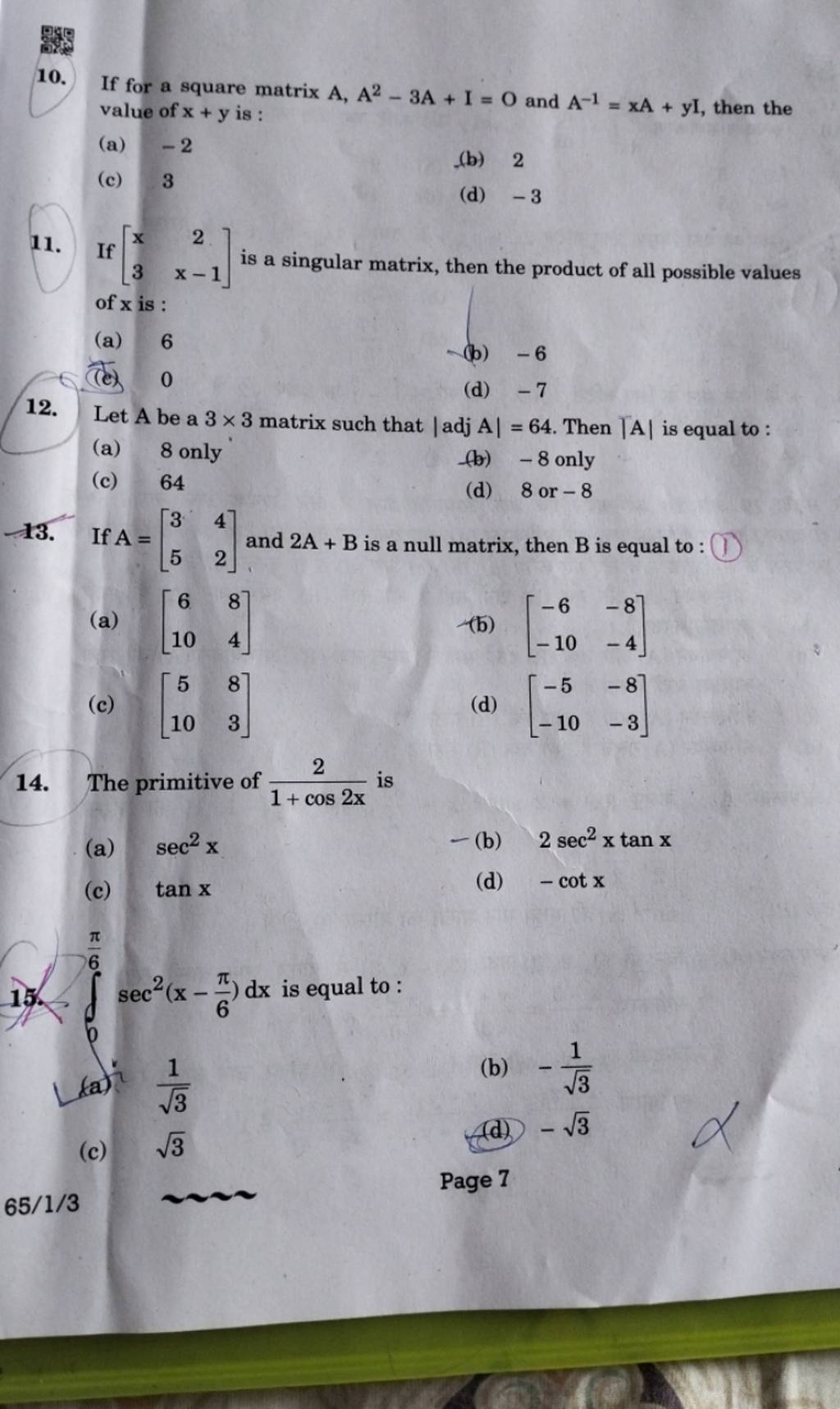 If for a square matrix A,A2−3A+I=O and A−1=xA+yI, then the value of x+y i..