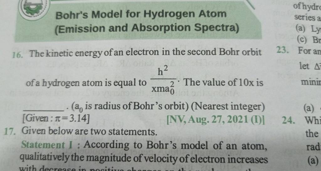 Bohr's Model for Hydrogen Atom (Emission and Absorption Spectra) Filo
